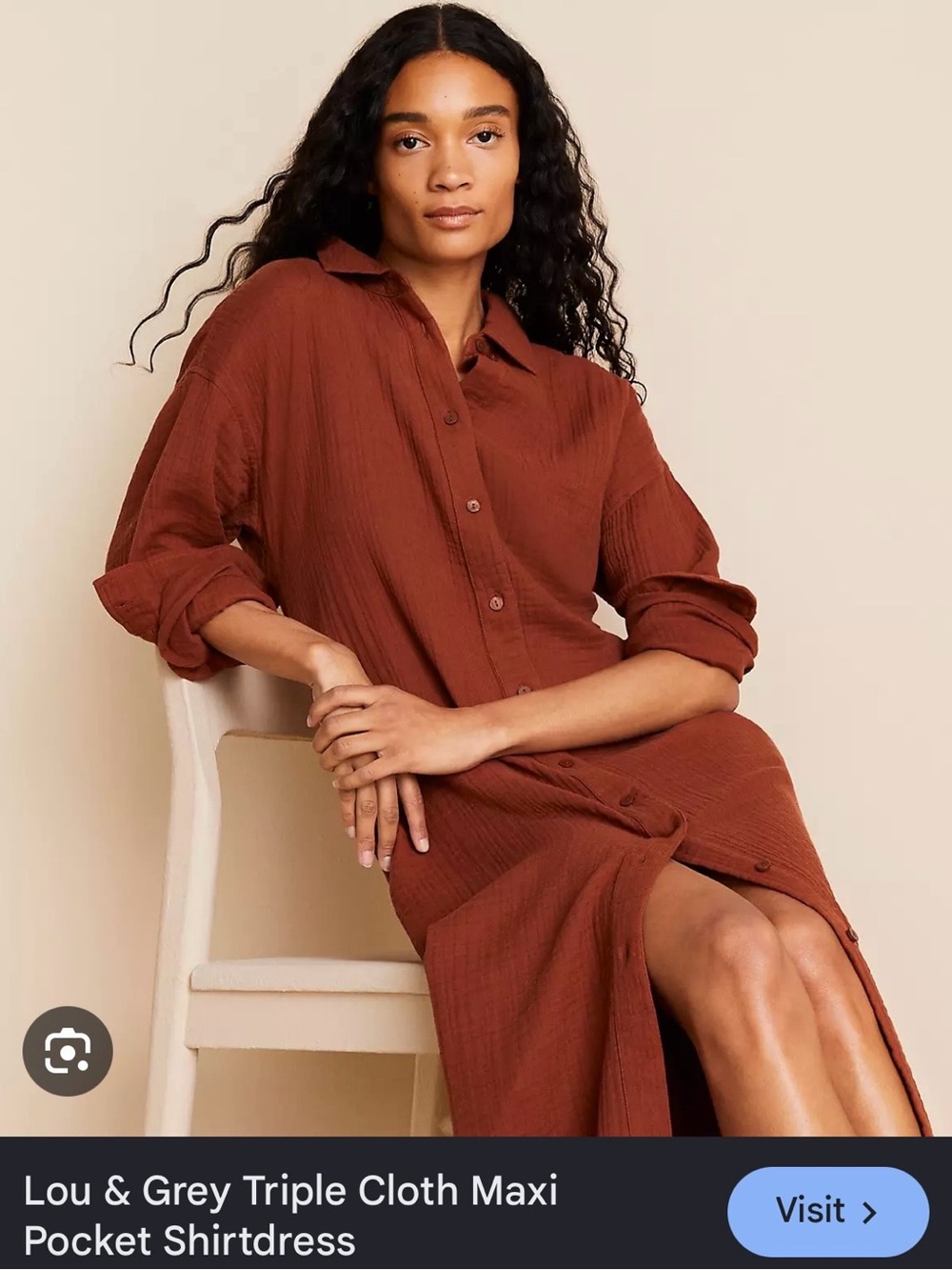 Lou & Grey XXS Brown Button-Front Maxi Shirtdress NWT